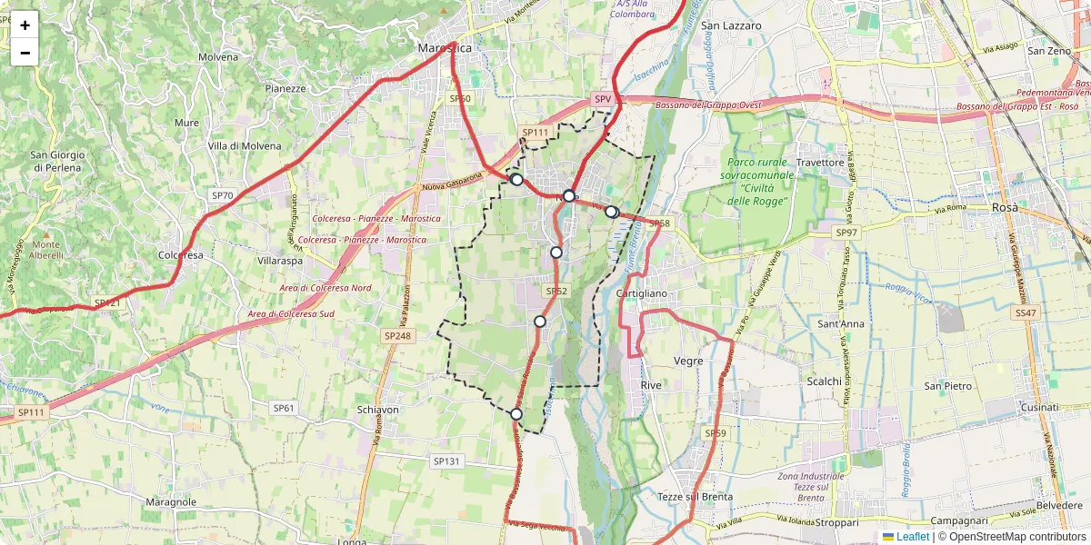 Mappa dettagliata del trasporto pubblico a Nove con linee autobus, tram e collegamenti