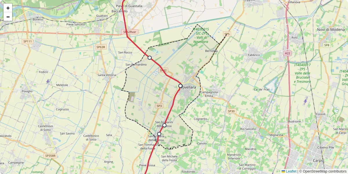 Mappa dettagliata del trasporto pubblico a Novellara con linee autobus, tram e collegamenti