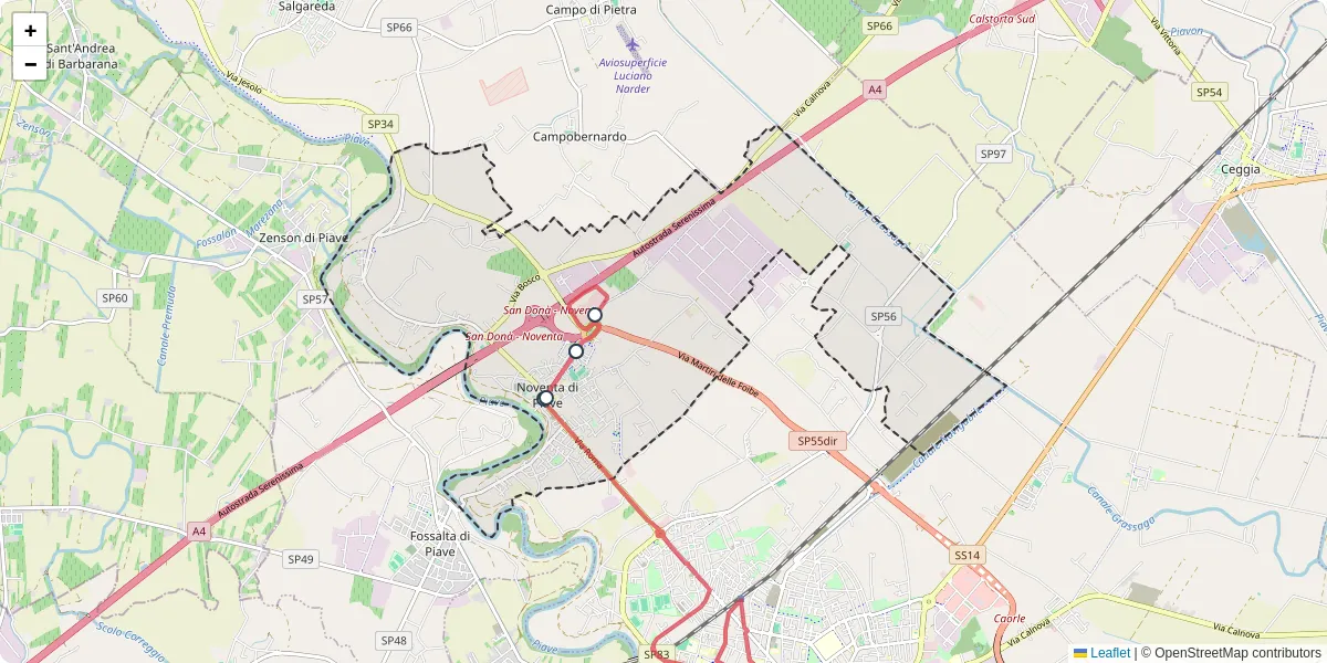 Mappa dettagliata del trasporto pubblico a Noventa di Piave con linee autobus, tram e collegamenti