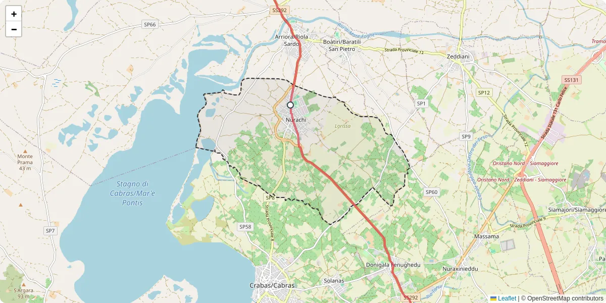 Mappa dettagliata del trasporto pubblico a Nurachi con linee autobus, tram e collegamenti