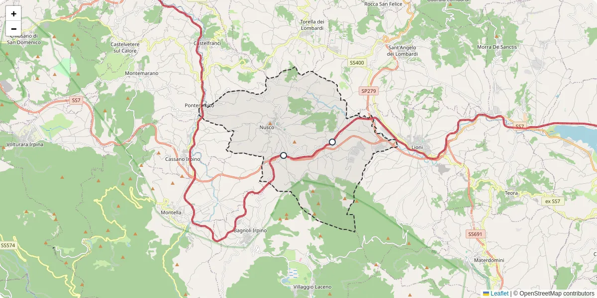 Mappa dettagliata del trasporto pubblico a Nusco con linee autobus, tram e collegamenti