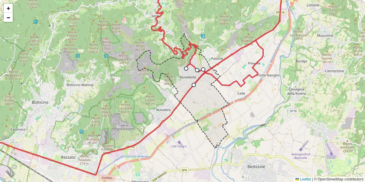 Mappa dettagliata del trasporto pubblico a Nuvolento con linee autobus, tram e collegamenti