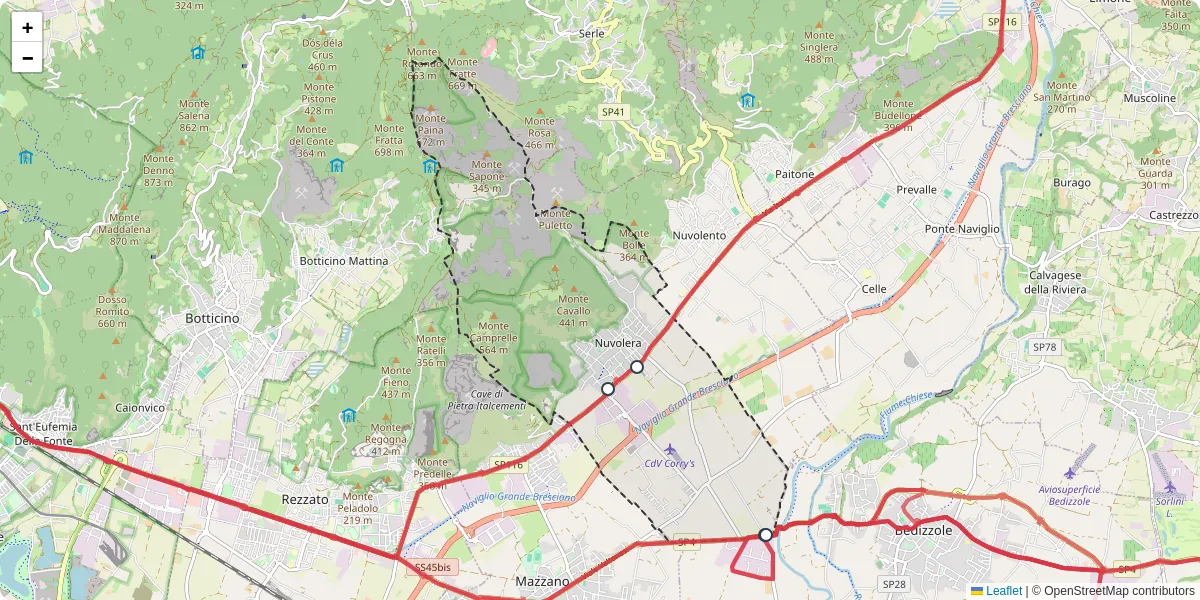 Mappa dettagliata del trasporto pubblico a Nuvolera con linee autobus, tram e collegamenti