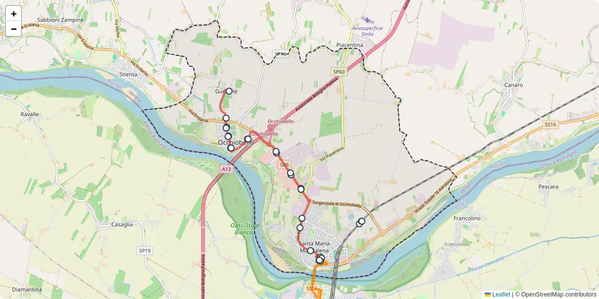 Mappa dettagliata del trasporto pubblico a Occhiobello con linee autobus, tram e collegamenti