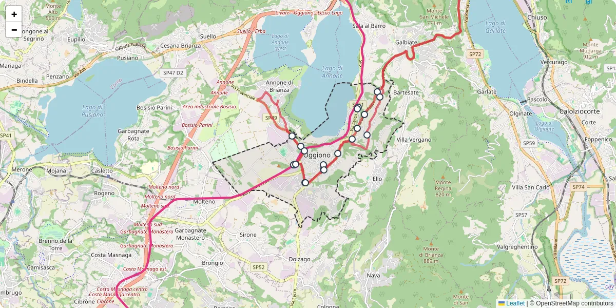 Mappa dettagliata del trasporto pubblico a Oggiono con linee autobus, tram e collegamenti
