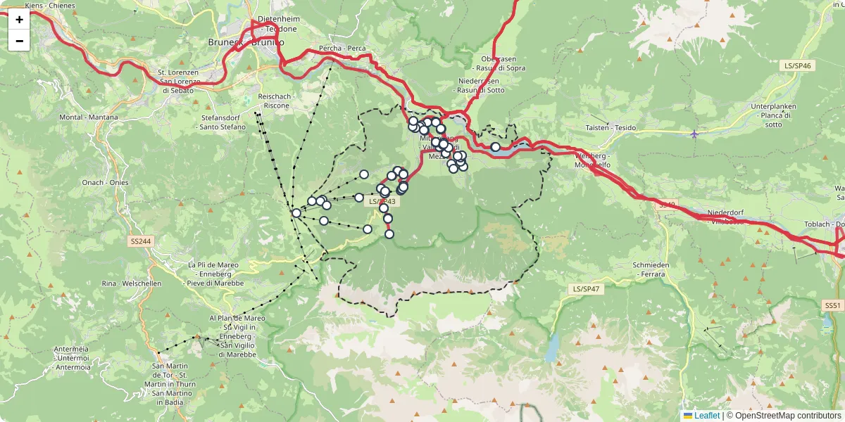 Mappa dettagliata del trasporto pubblico a Olang - Valdaora con linee autobus, tram e collegamenti