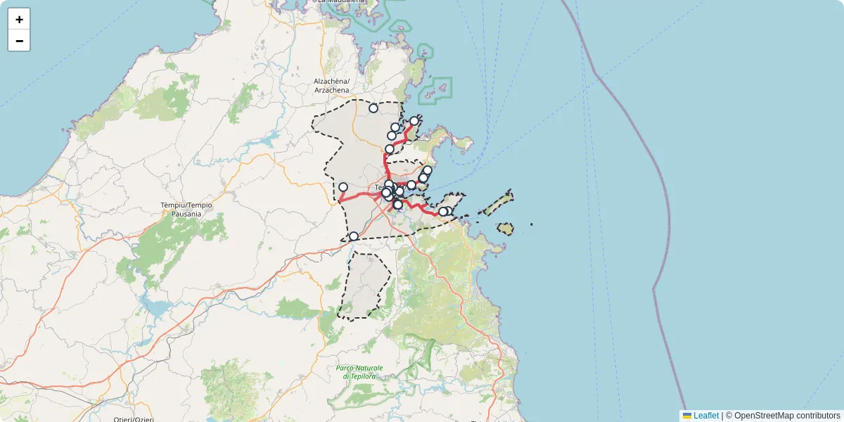 Mappa dettagliata del trasporto pubblico a Olbia con linee autobus, tram e collegamenti