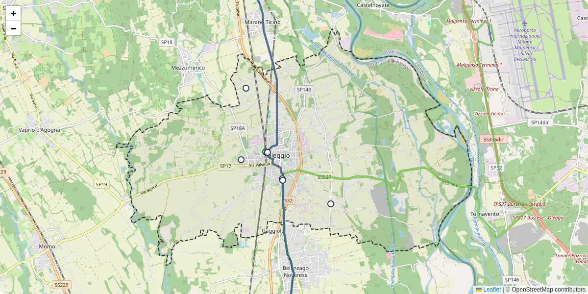 Mappa dettagliata del trasporto pubblico a Oleggio con linee autobus, tram e collegamenti