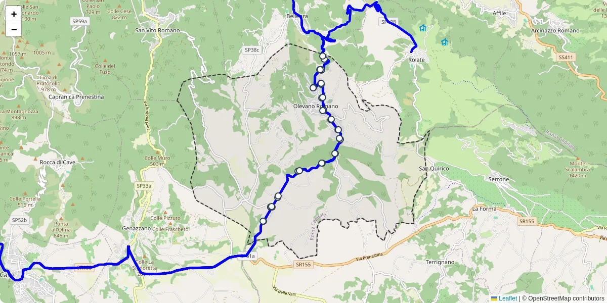 Mappa dettagliata del trasporto pubblico a Olevano Romano con linee autobus, tram e collegamenti