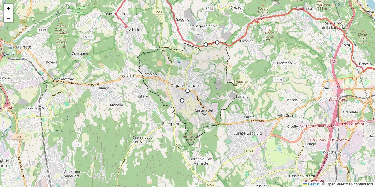 Mappa dettagliata del trasporto pubblico a Olgiate Comasco con linee autobus, tram e collegamenti