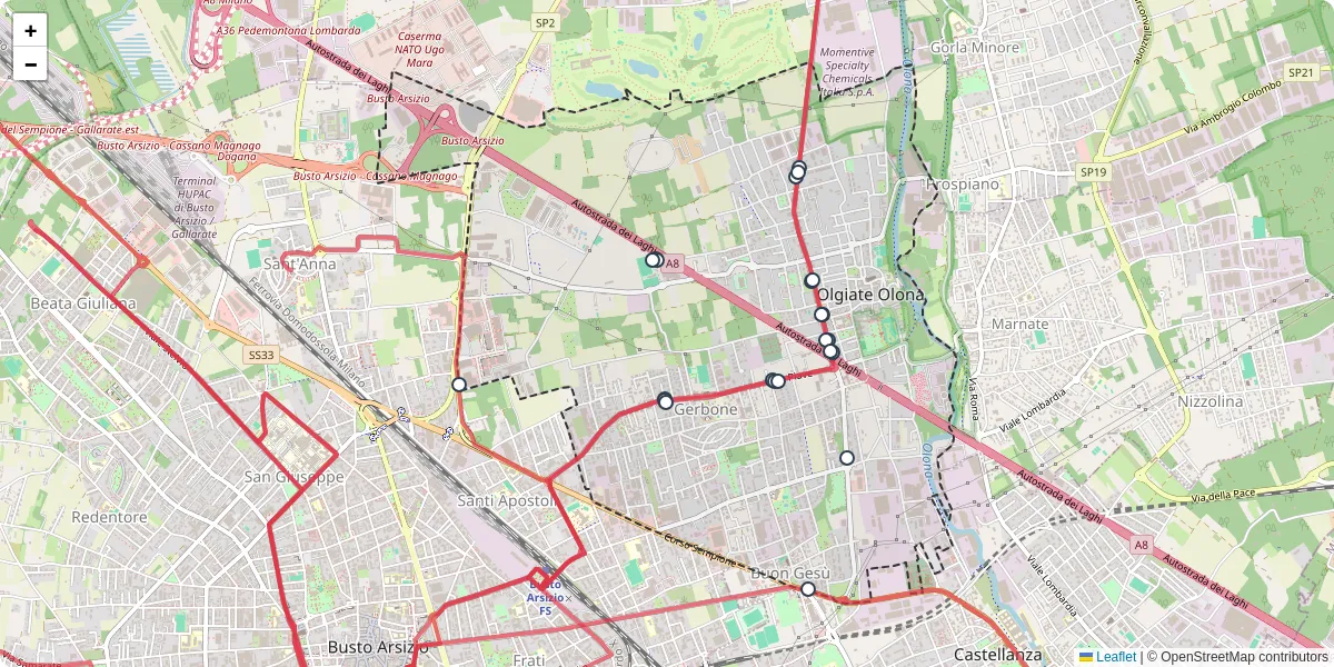Mappa dettagliata del trasporto pubblico a Olgiate Olona con linee autobus, tram e collegamenti