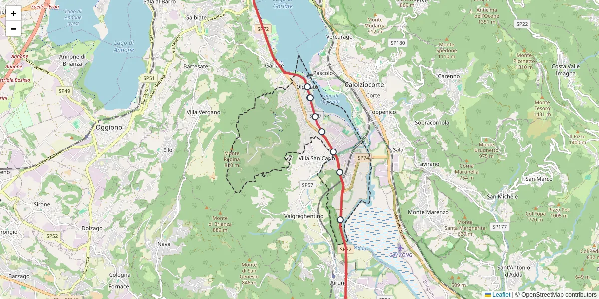 Mappa dettagliata del trasporto pubblico a Olginate con linee autobus, tram e collegamenti