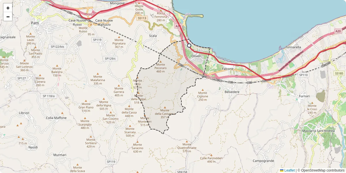 Mappa dettagliata del trasporto pubblico a Oliveri con linee autobus, tram e collegamenti