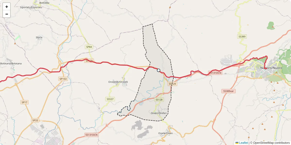 Mappa dettagliata del trasporto pubblico a Onieri/Oniferi con linee autobus, tram e collegamenti
