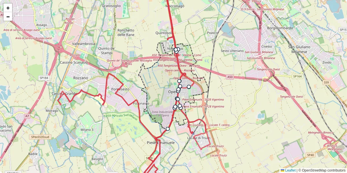 Mappa dettagliata del trasporto pubblico a Opera con linee autobus, tram e collegamenti