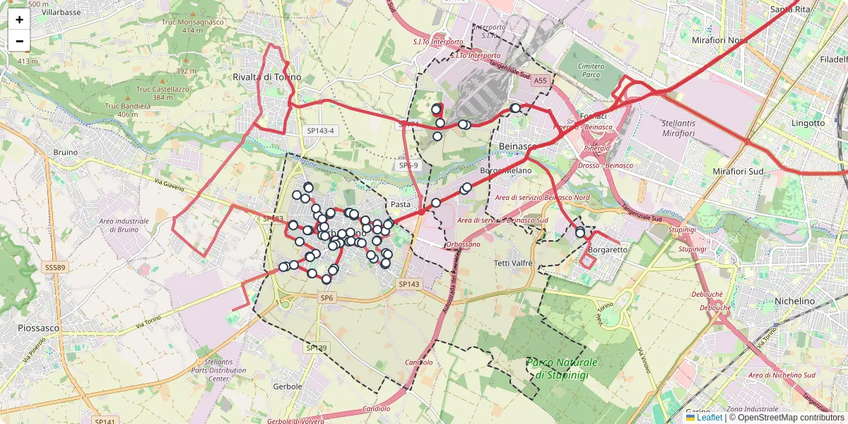 Mappa dettagliata del trasporto pubblico a Orbassano con linee autobus, tram e collegamenti