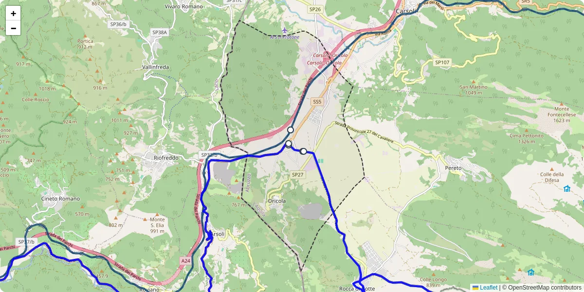 Mappa dettagliata del trasporto pubblico a Oricola con linee autobus, tram e collegamenti