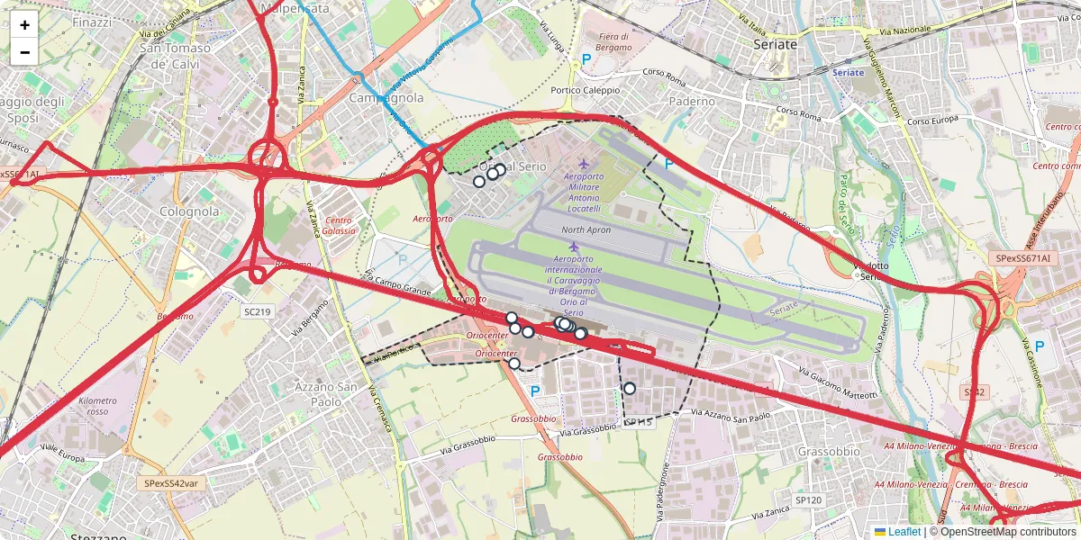 Mappa dettagliata del trasporto pubblico a Orio al Serio con linee autobus, tram e collegamenti
