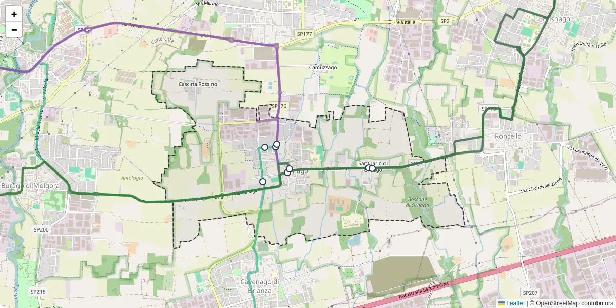 Mappa dettagliata del trasporto pubblico a Ornago con linee autobus, tram e collegamenti