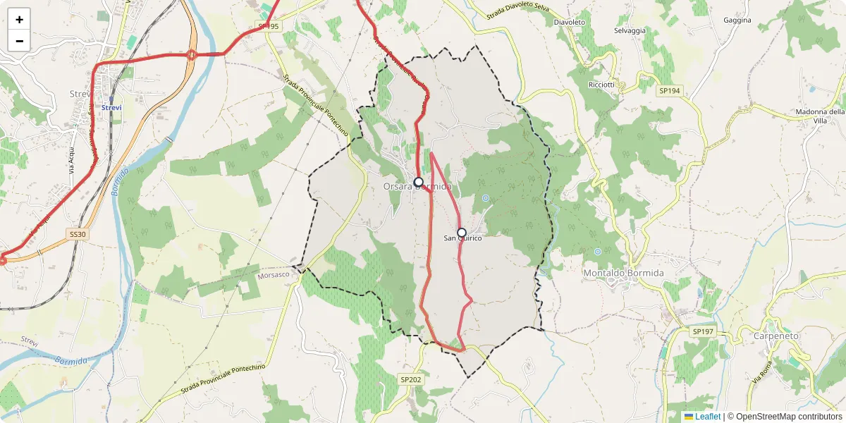 Mappa dettagliata del trasporto pubblico a Orsara Bormida con linee autobus, tram e collegamenti