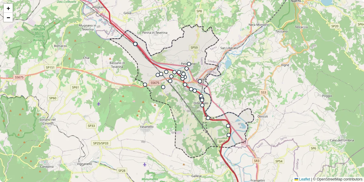 Mappa dettagliata del trasporto pubblico a Orte con linee autobus, tram e collegamenti