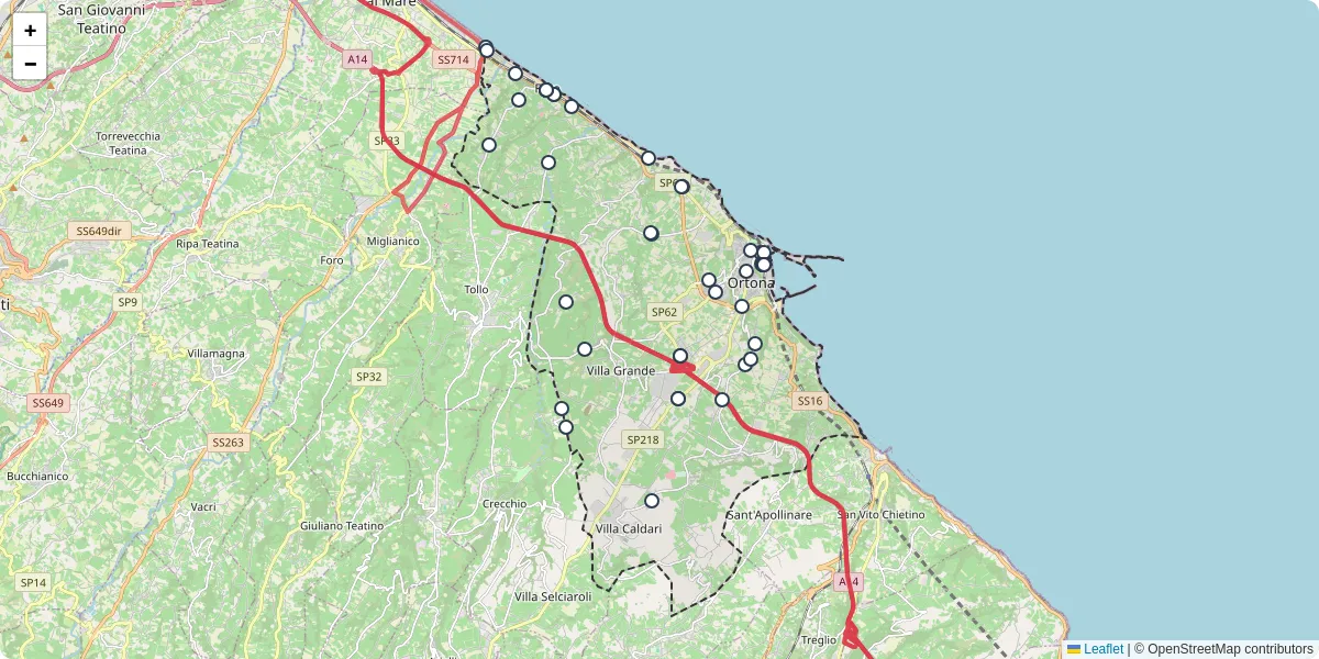 Mappa dettagliata del trasporto pubblico a Ortona con linee autobus, tram e collegamenti