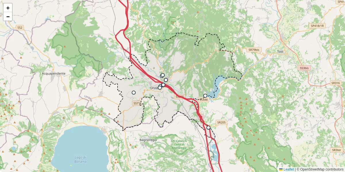 Mappa dettagliata del trasporto pubblico a Orvieto con linee autobus, tram e collegamenti