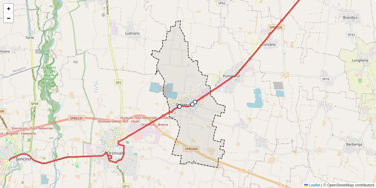 Mappa dettagliata del trasporto pubblico a Orzivecchi con linee autobus, tram e collegamenti