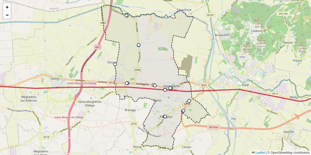 Mappa dettagliata del trasporto pubblico a Ospedaletto Euganeo con linee autobus, tram e collegamenti