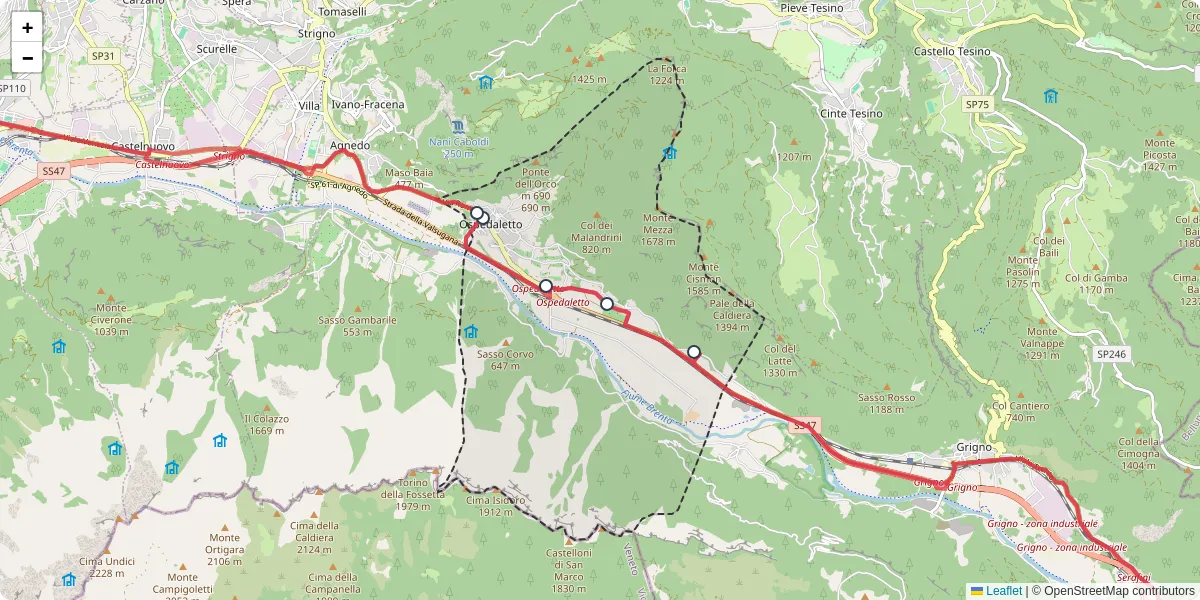 Mappa dettagliata del trasporto pubblico a Ospedaletto con linee autobus, tram e collegamenti