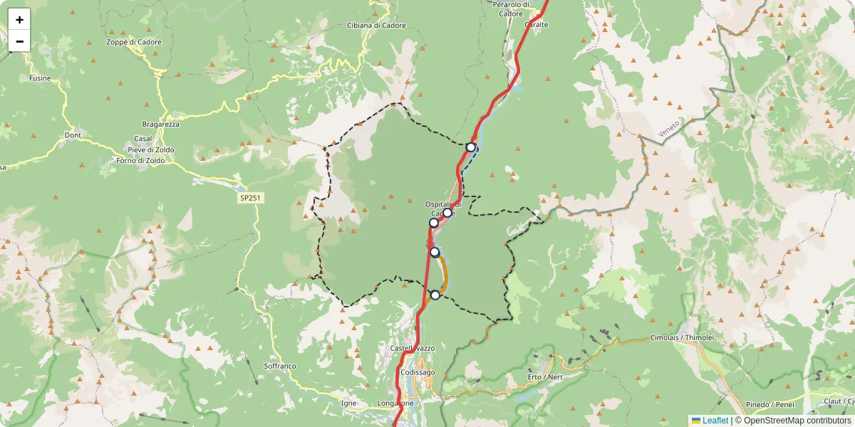 Mappa dettagliata del trasporto pubblico a Ospitale di Cadore con linee autobus, tram e collegamenti