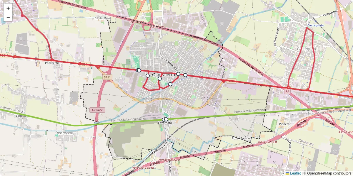 Mappa dettagliata del trasporto pubblico a Ospitaletto con linee autobus, tram e collegamenti