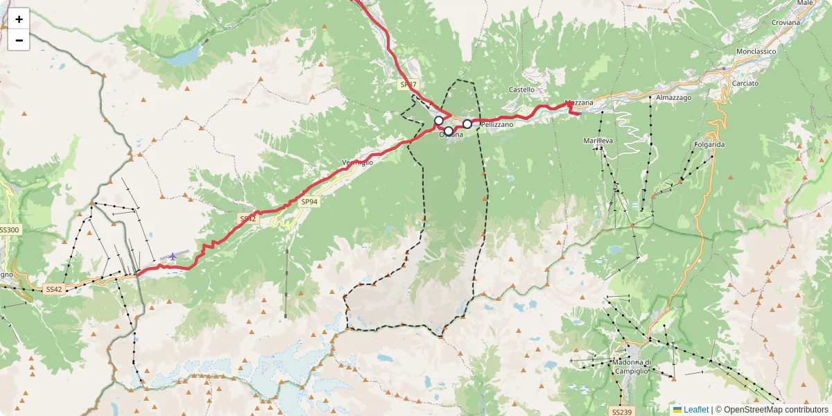 Mappa dettagliata del trasporto pubblico a Ossana con linee autobus, tram e collegamenti