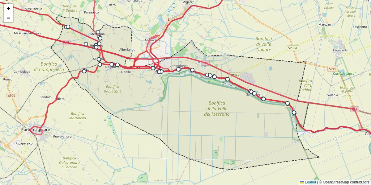 Mappa dettagliata del trasporto pubblico a Ostellato con linee autobus, tram e collegamenti