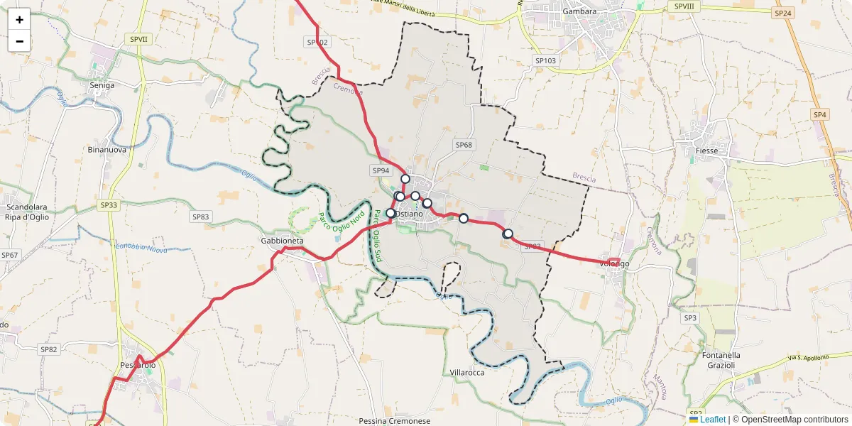 Mappa dettagliata del trasporto pubblico a Ostiano con linee autobus, tram e collegamenti