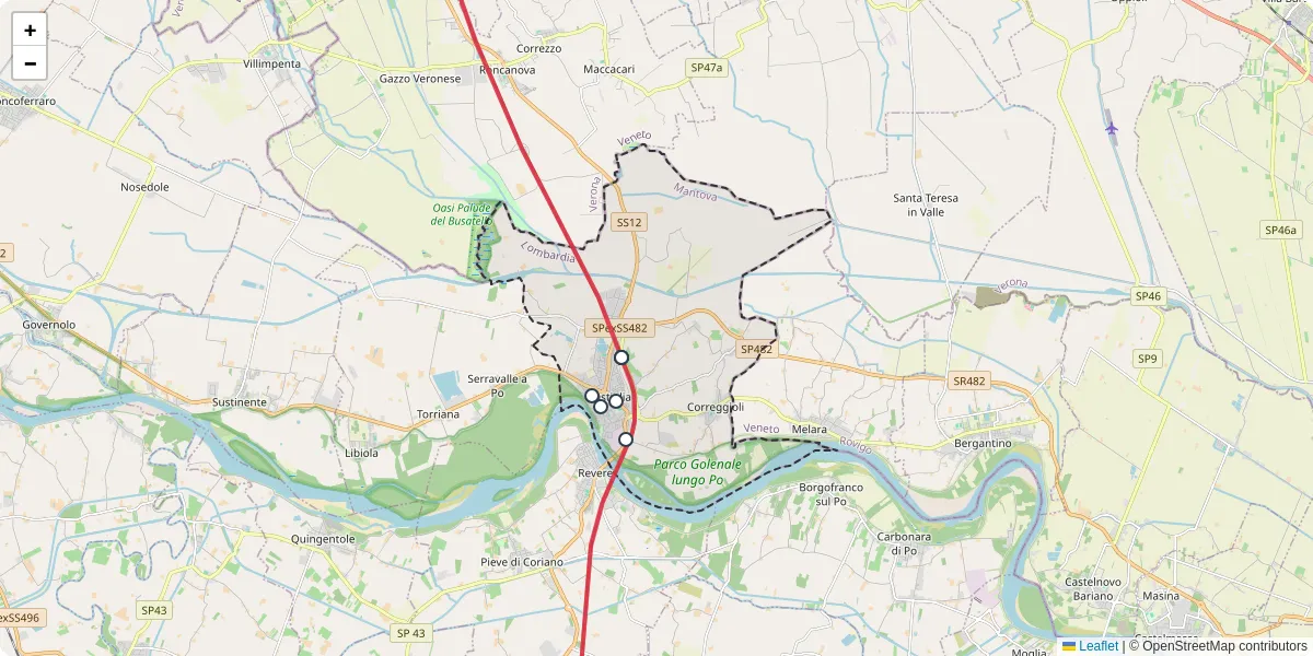 Mappa dettagliata del trasporto pubblico a Ostiglia con linee autobus, tram e collegamenti