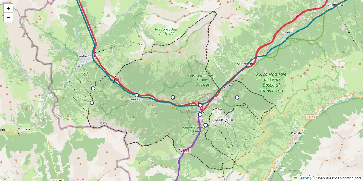 Mappa dettagliata del trasporto pubblico a Oulx con linee autobus, tram e collegamenti