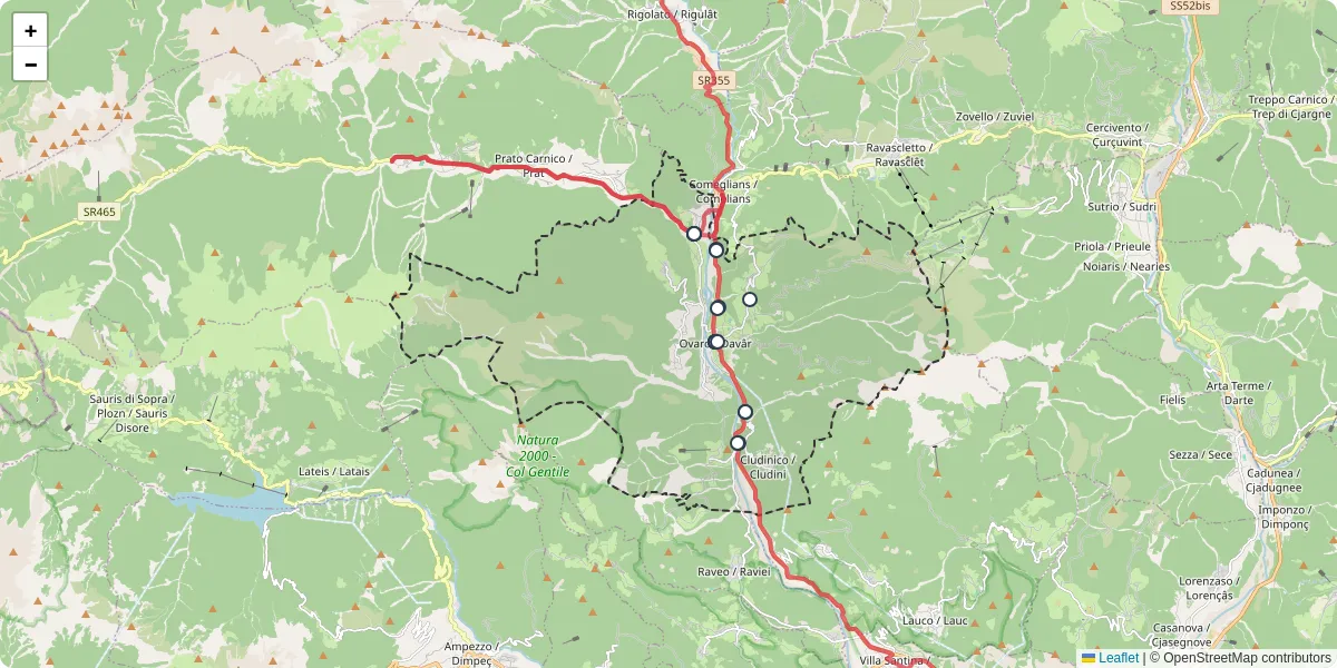 Mappa dettagliata del trasporto pubblico a Ovaro / Davâr con linee autobus, tram e collegamenti