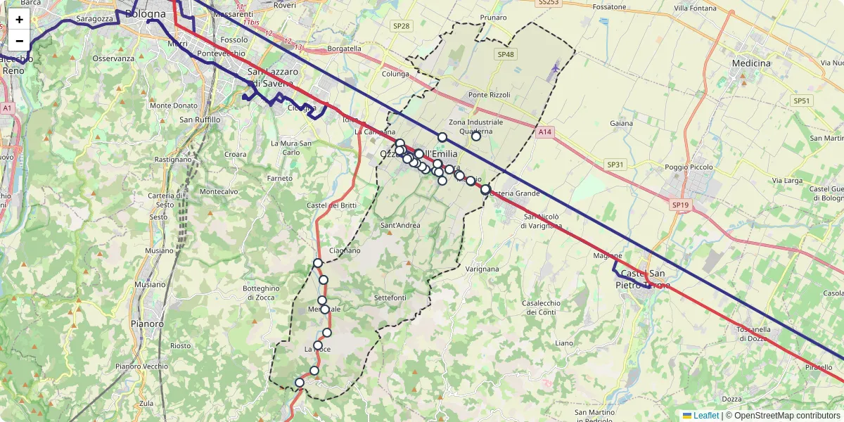 Mappa dettagliata del trasporto pubblico a Ozzano dell'Emilia con linee autobus, tram e collegamenti