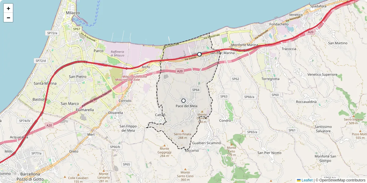 Mappa dettagliata del trasporto pubblico a Pace del Mela con linee autobus, tram e collegamenti