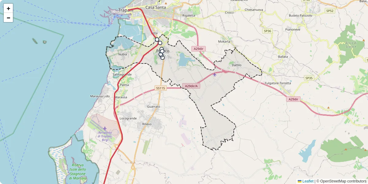 Mappa dettagliata del trasporto pubblico a Paceco con linee autobus, tram e collegamenti