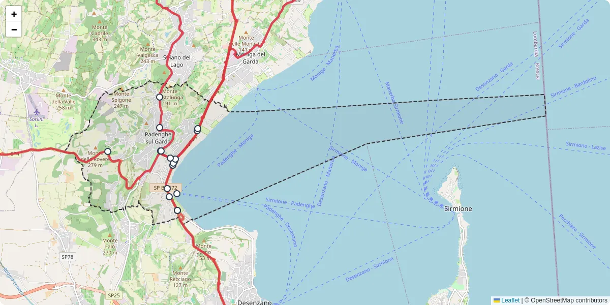 Mappa dettagliata del trasporto pubblico a Padenghe sul Garda con linee autobus, tram e collegamenti