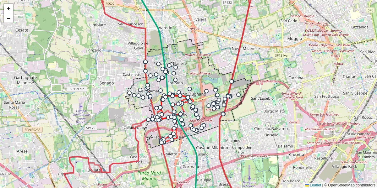 Mappa dettagliata del trasporto pubblico a Paderno Dugnano con linee autobus, tram e collegamenti