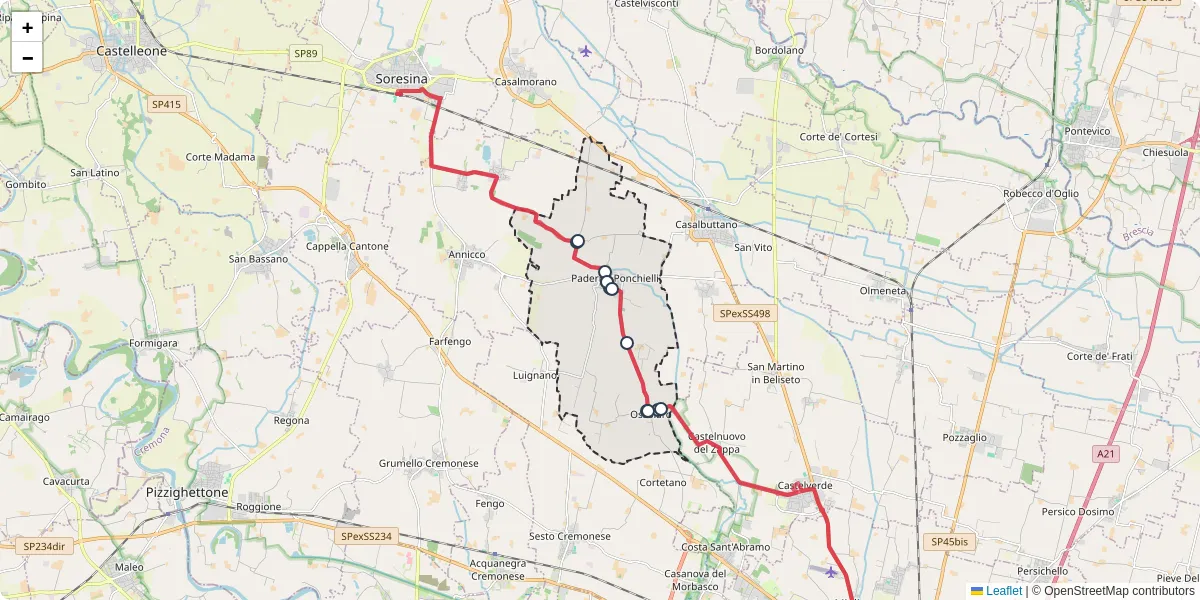 Mappa dettagliata del trasporto pubblico a Paderno Ponchielli con linee autobus, tram e collegamenti