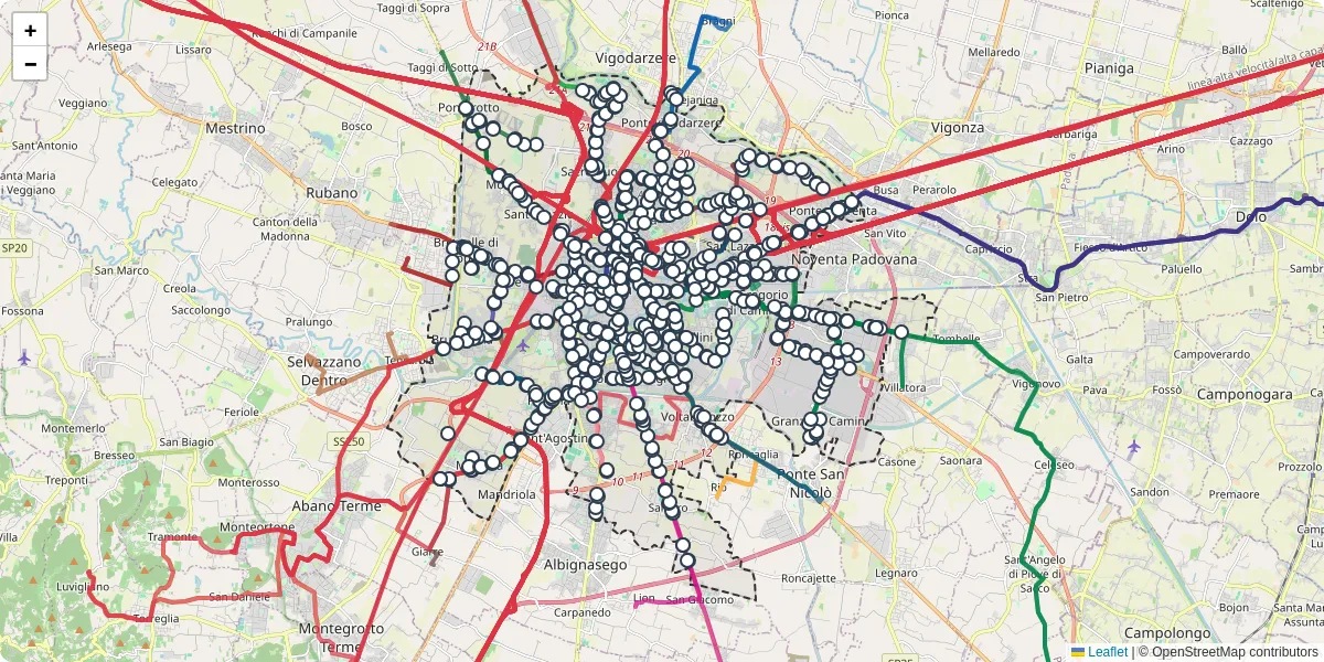 Mappa dettagliata del trasporto pubblico a Padova con linee autobus, tram e collegamenti