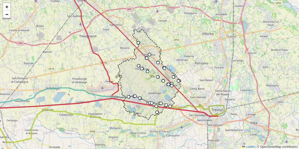 Mappa dettagliata del trasporto pubblico a Paese con linee autobus, tram e collegamenti