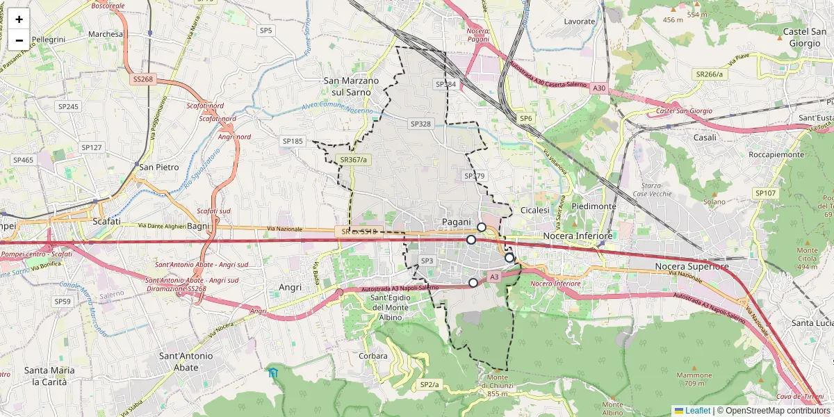 Mappa dettagliata del trasporto pubblico a Pagani con linee autobus, tram e collegamenti
