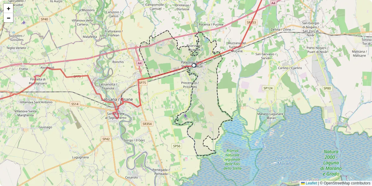 Mappa dettagliata del trasporto pubblico a Palazzolo dello Stella / Palaçûl con linee autobus, tram e collegamenti