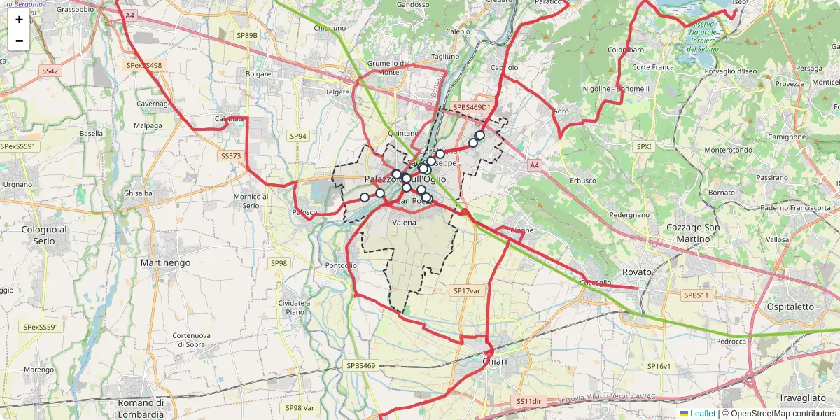Mappa dettagliata del trasporto pubblico a Palazzolo sull'Oglio con linee autobus, tram e collegamenti