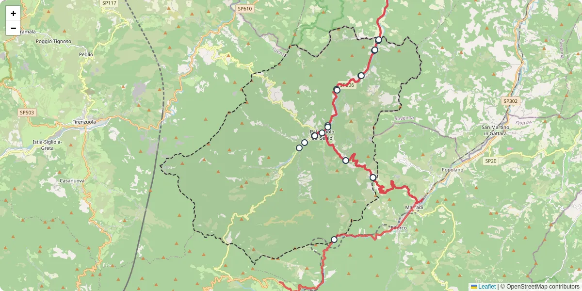 Mappa dettagliata del trasporto pubblico a Palazzuolo sul Senio con linee autobus, tram e collegamenti